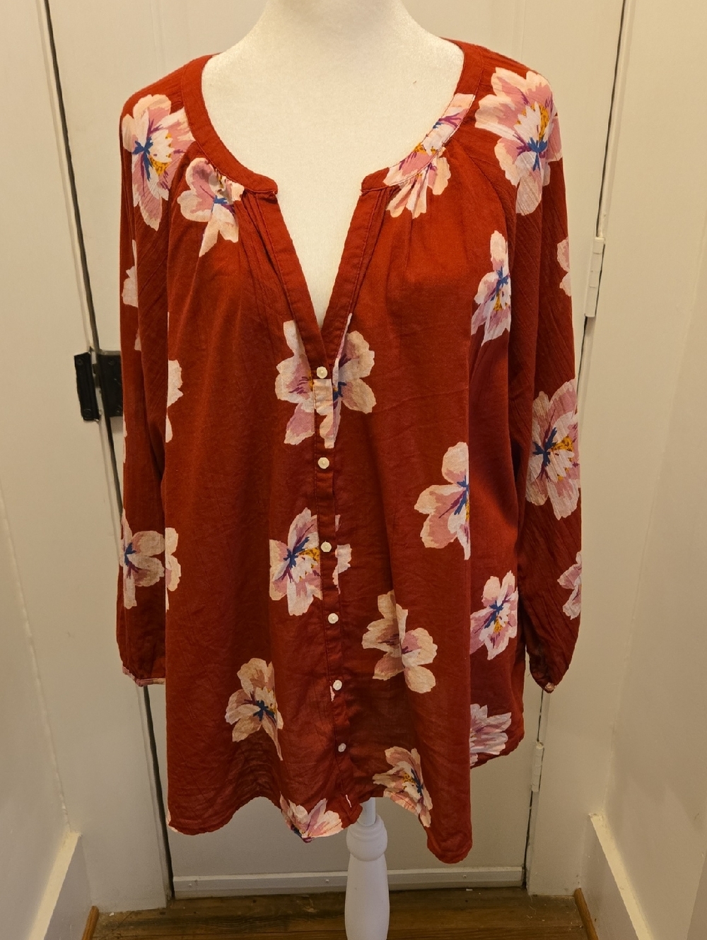 Old Navy Burgundy and Pink Floral Cotton Tunic Blouse XXL